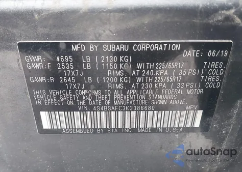 2019 Subaru Outback 2.5I Premium из США, поврежденный, VIN 4S4BSAFC3K3386680